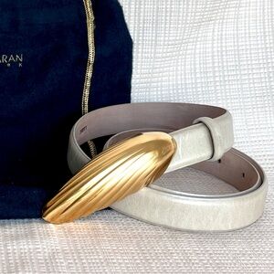 Vintage Rare Donna Karan Leather Belt Gold Shell Buckle Stone Taupe Minimalist